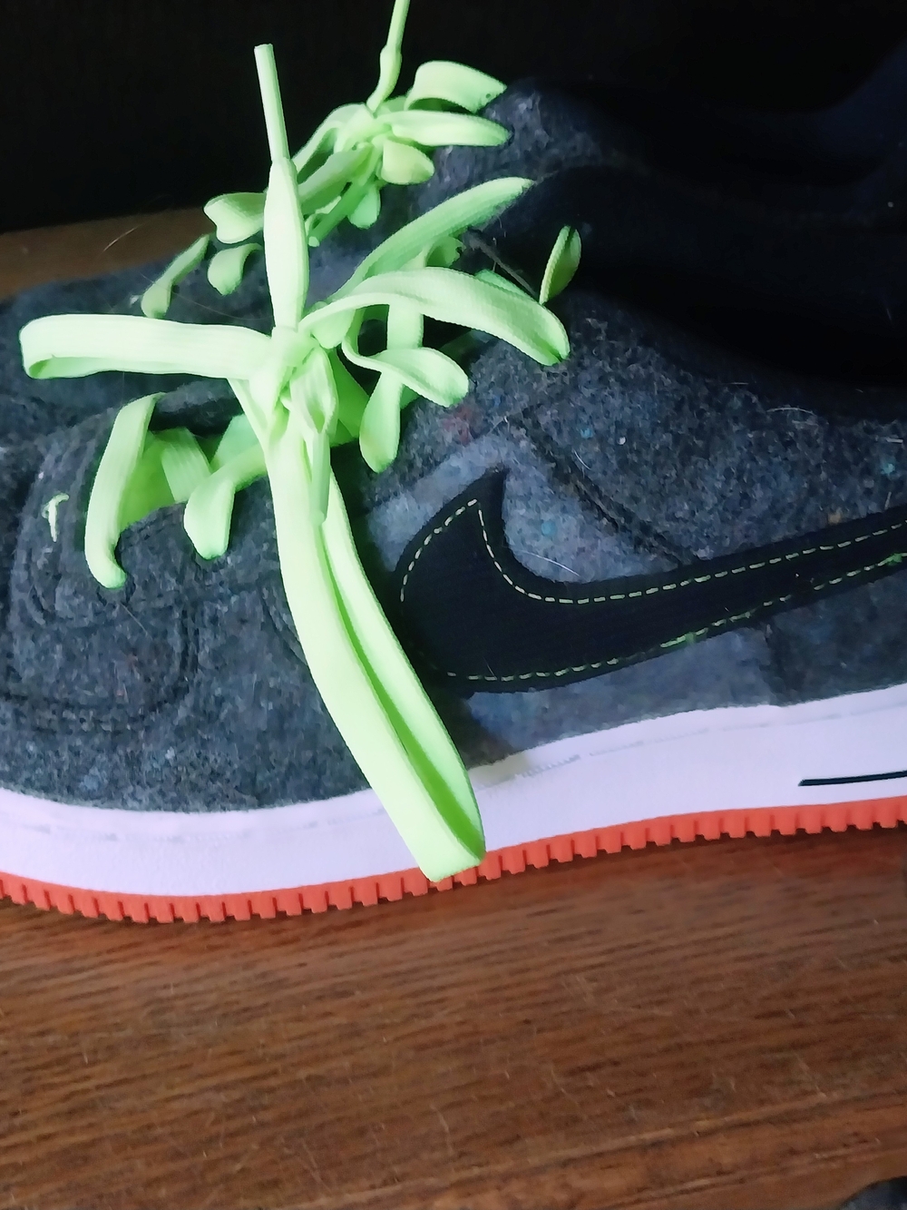 Nike Kids Gray Wool Sneakers with Neon Green Laces and Orange Outsole
